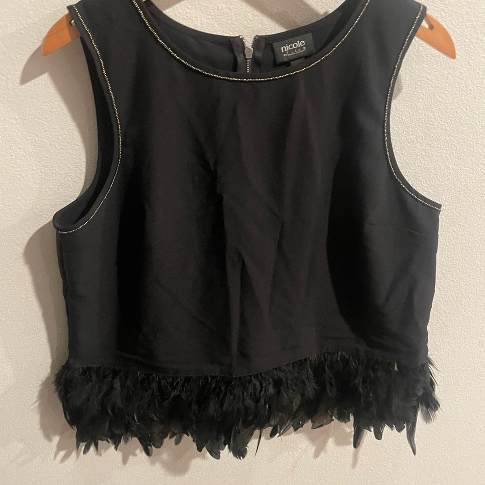 Nicole‎ by Nicole Miller Black Feather Trim Sleeveless Top Size Large